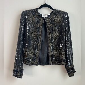 VTG Nite Line Deadstock 100% Silk Black/Gold Embellished Open Front Jacket NWT